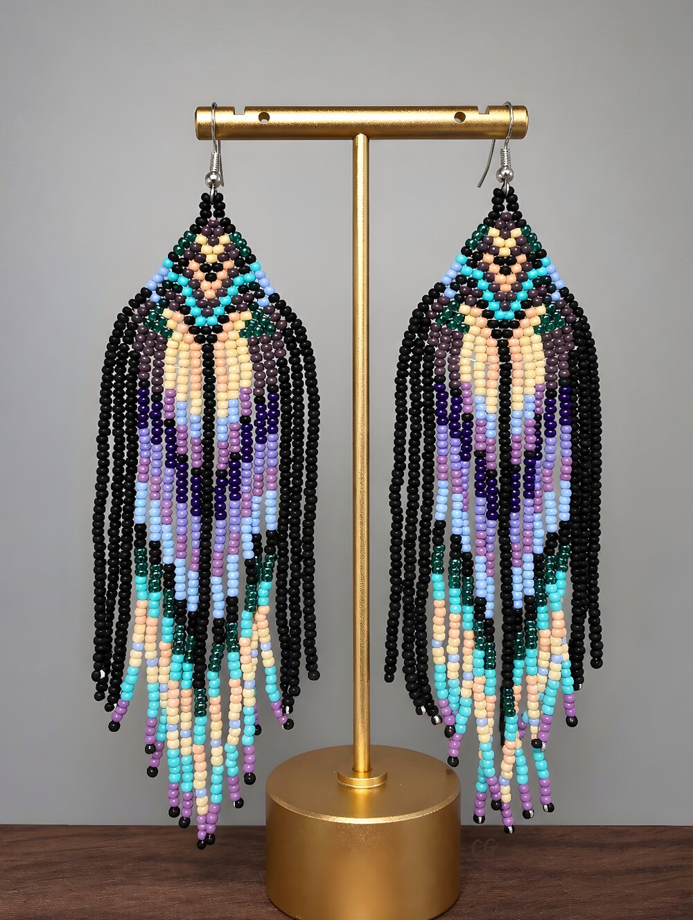 Enya Boho Seed Bead Fringe Earrings Geometric Statement - Purple Black